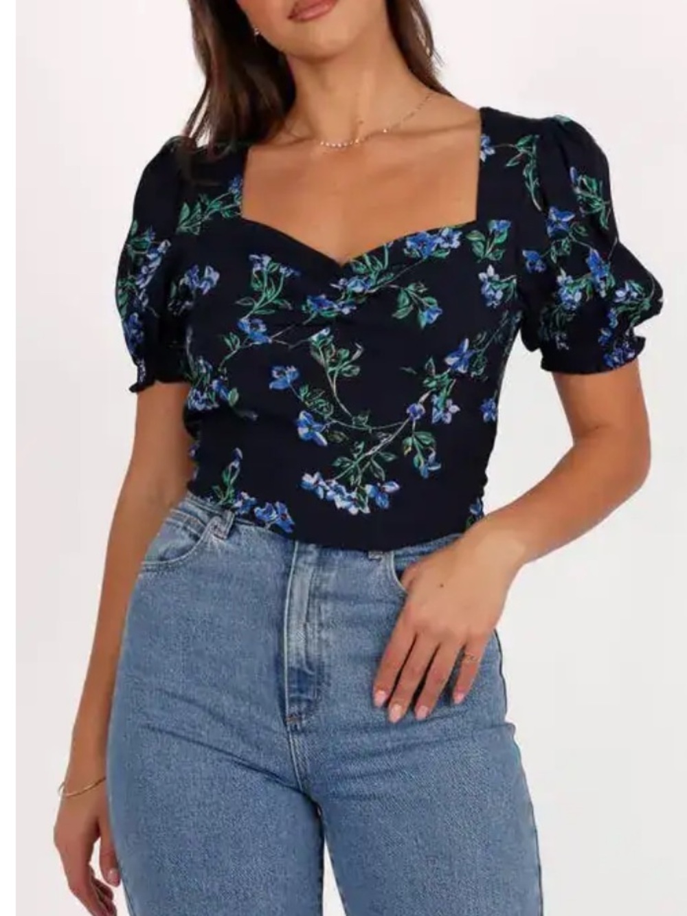 Petal & Pup Black Floral Sweetheart Puff Sleeve Top